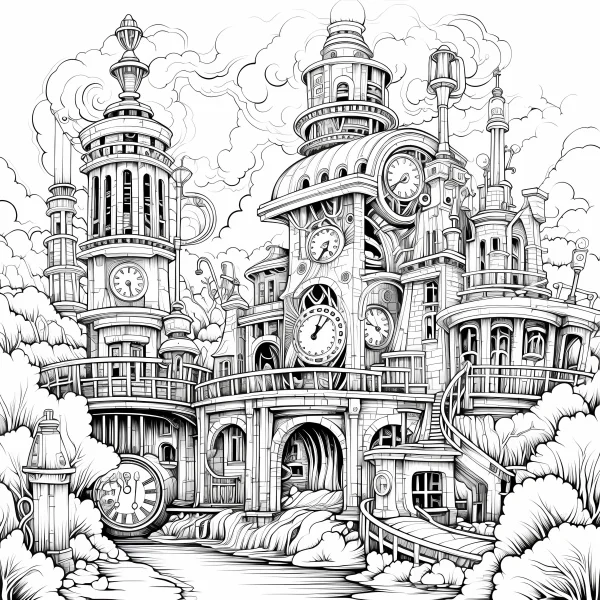 Coloring book page, steampunk clock tower complex — free printable steampunk coloring book page