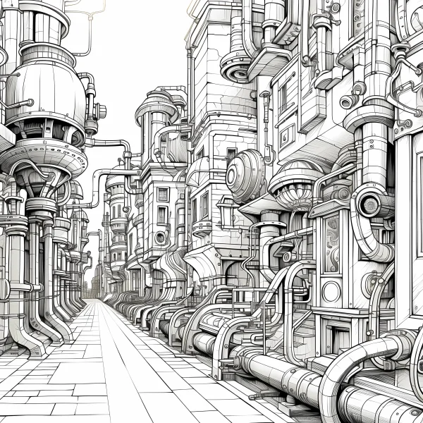 Steampunk city street, steampunk art style — free printable steampunk coloring book page