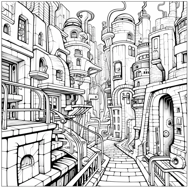 Coloring book page, steampunk-style futuristic city alley — free printable future city coloring book page