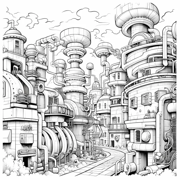 Futuristic mechanical city buildings, sci-fi cartoon style — free printable future city coloring book page