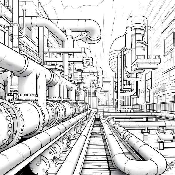 Industrial pipeline factory scene, realistic style — free printable industrial scene coloring book page