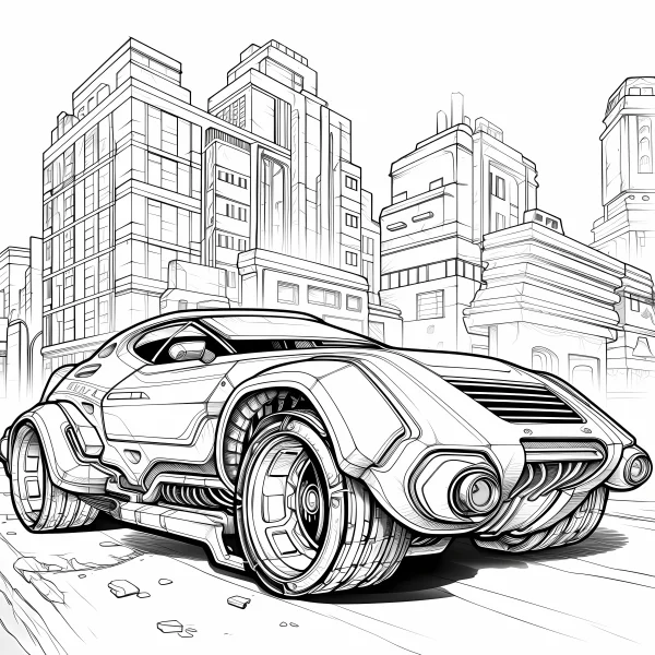 Sci-fi futuristic sports car, sci-fi style — free printable future city coloring book page