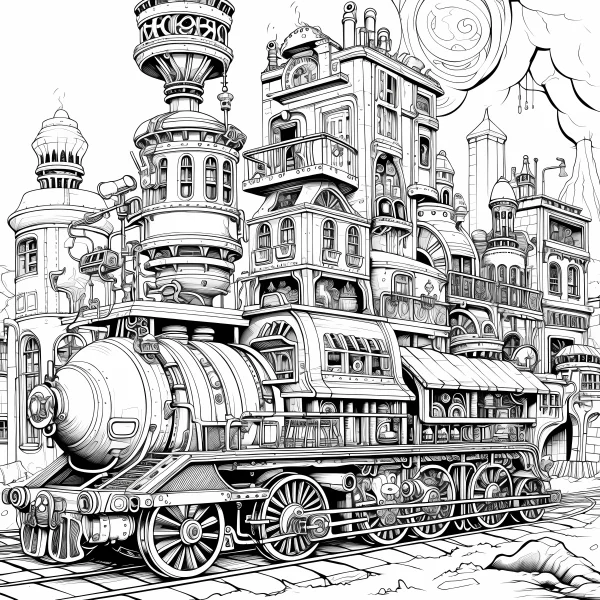Steampunk vintage train with steampunk city buildings in background, steampunk style — free printable steampunk coloring book page