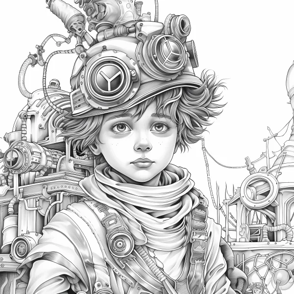 Steampunk mechanical boy, steampunk style — free printable steampunk coloring book page