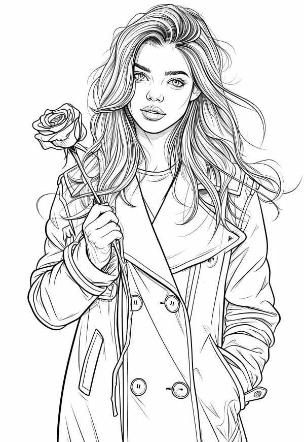 Girl in trench coat holding a rose, realistic illustration style — free printable romance coloring book page