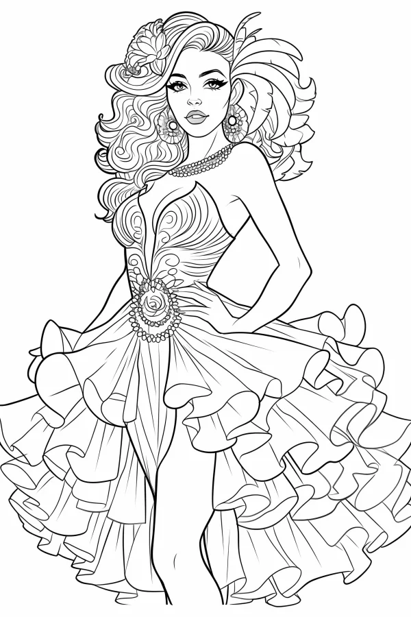 Coloring book page, elegant curly-haired girl wearing a frilled ball gown with rose decorations and floral headpiece — free printable dance coloring book page
