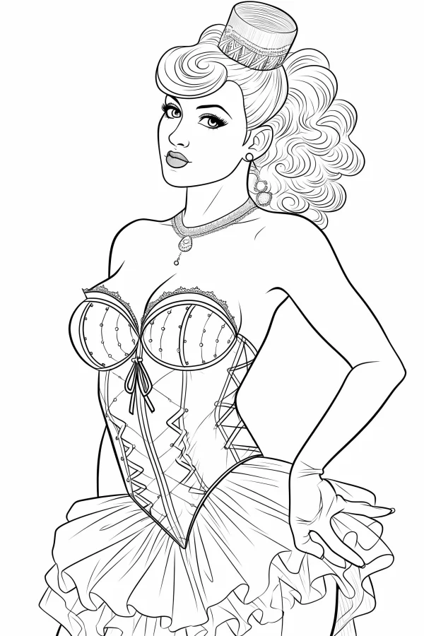Vintage performance woman in corset and ruffled skirt, retro illustration style — free printable entertainment coloring book page