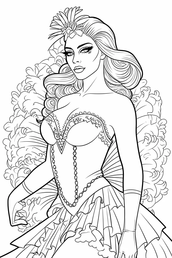 Vintage cabaret dancer, retro style — free printable dance coloring book page