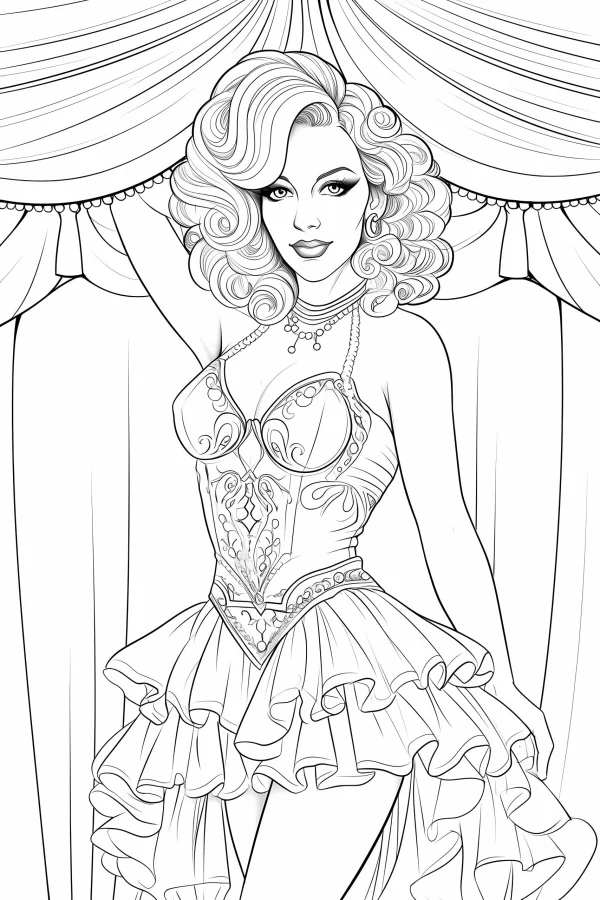 Vintage cabaret girl with big curly hair, retro art deco style — free printable dance coloring book page