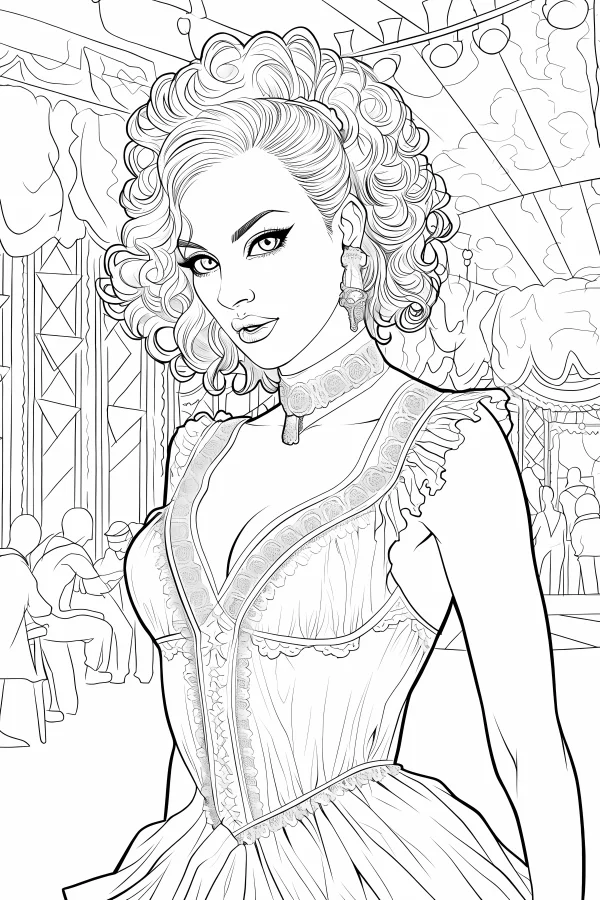 Vintage curly-haired woman in lace gown, retro style — free printable party coloring book page