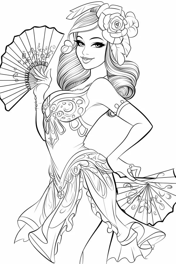 Elegant fancy girl holding two folding fans, with rose hair accessory — free printable dance coloring book page
