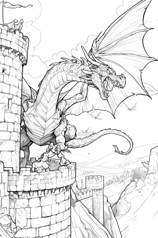 Giant dragon perched on castle tower, fantasy style — free printable castle coloring book page