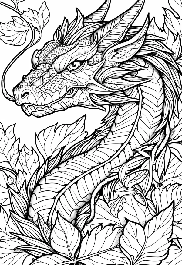 Dragon head surrounded by vines and broad leaves, fantasy line art style — free printable dragon coloring book page