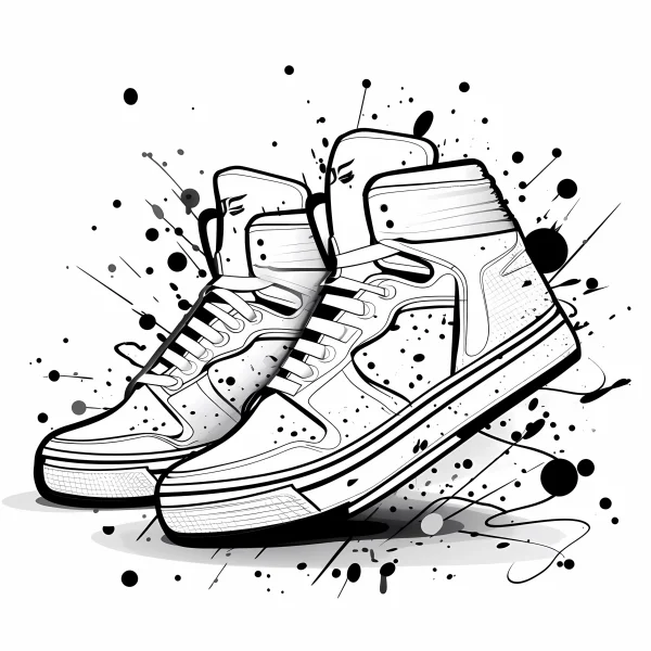 Graffiti-style high-top sneakers, street art style — free printable street art coloring book page