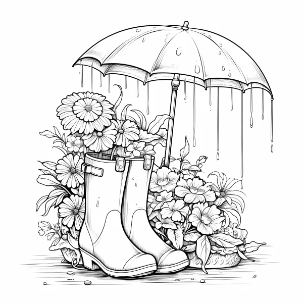 Rubber boots paired with umbrella and daisy-like flowers, realistic line art style — free printable rainy season coloring book page