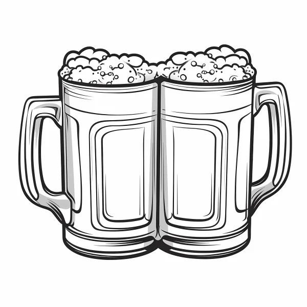 Clinking beer mugs with frothy foam, cartoon style — free printable party coloring book page