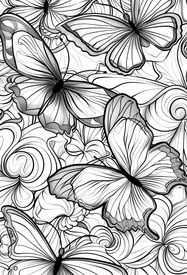 Decorative butterflies with intricate swirl patterns, decorative art style — free printable insects coloring book page