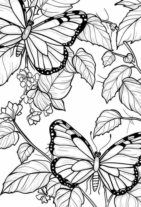 Monarch butterflies surrounded by vines, leaves and flowers — free printable insects coloring book page