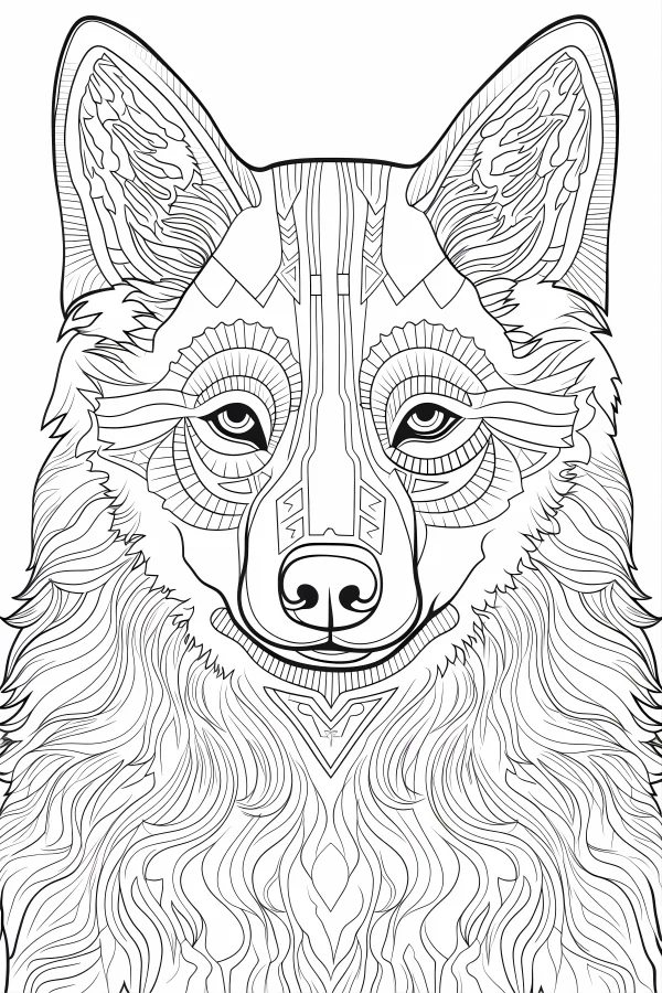Totem-style wolf head, tribal totem art style — free printable totem coloring book page