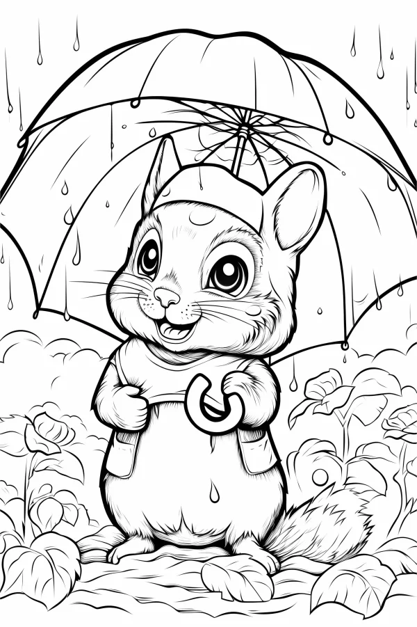 Cute squirrel holding an umbrella, cartoon style — free printable rainy season coloring book page