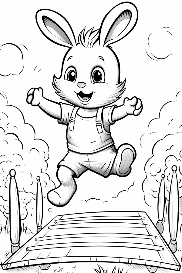 Cute jumping cartoon rabbit in overalls, cartoon style — free printable outdoor living coloring book page