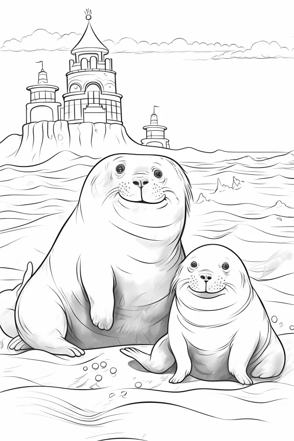 Coloring book page, two cute seals on sandy beach — free printable summer coloring book page