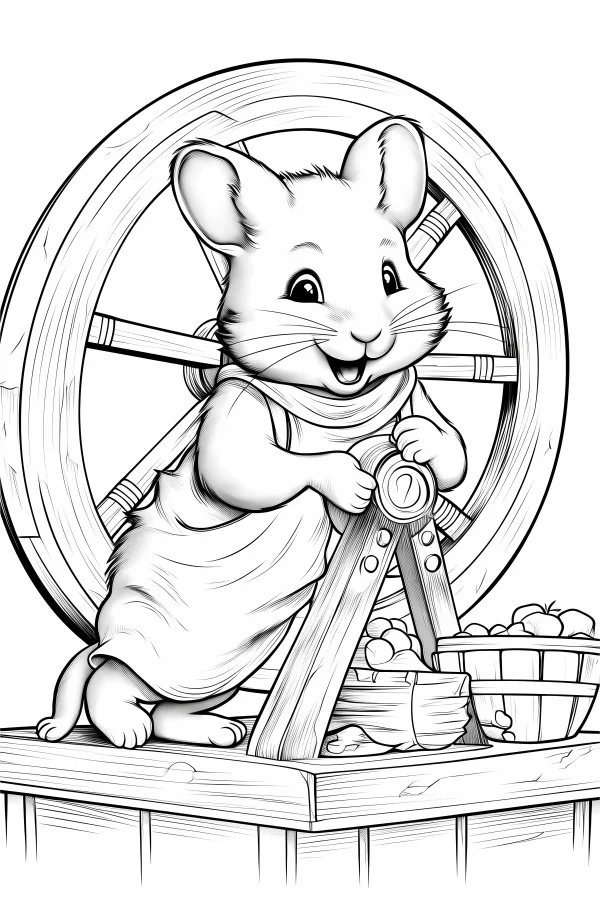 Cute cartoon mouse operating a large wooden wheel, cartoon style — free printable rural life coloring book page