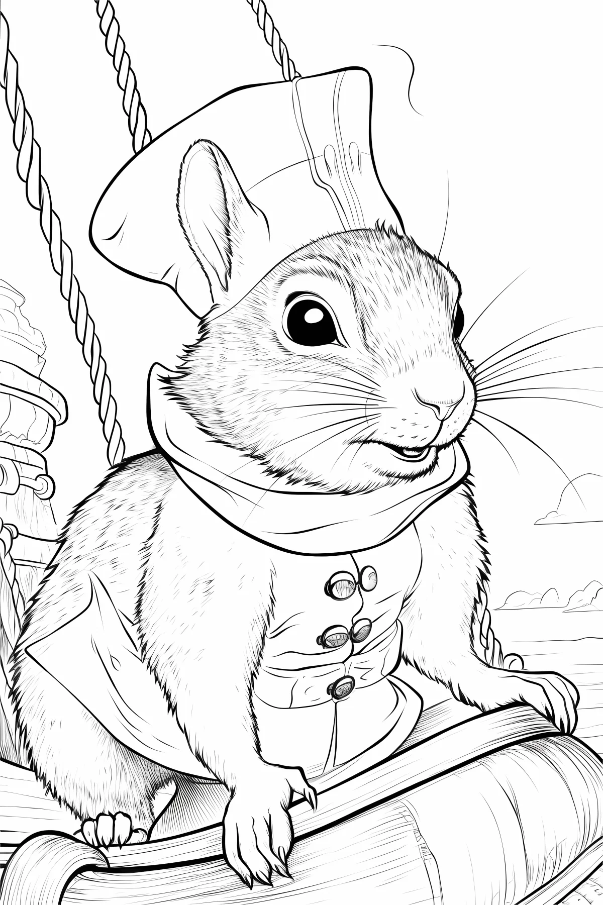Anthropomorphic squirrel captain on a sailing ship, cartoon realistic style — cartoon style — moderate detail — line art coloring page — for kids and adults of all ages