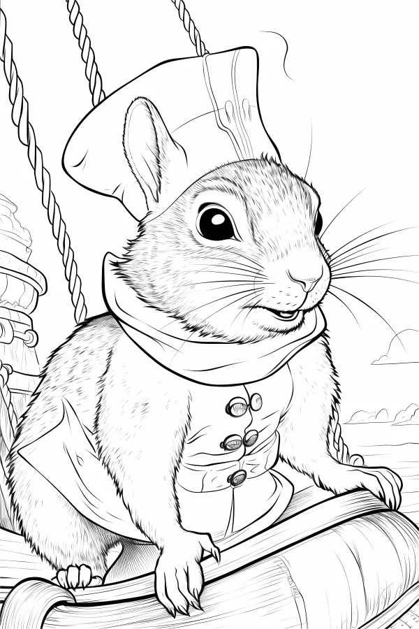 Anthropomorphic squirrel captain on a sailing ship, cartoon realistic style — free printable sailing coloring book page