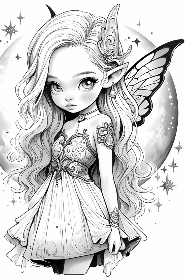 Cartoon  cute chibi elf girl with butterfly wings and long wavy hair, wearing ornate decorative dress — free printable elves coloring book page