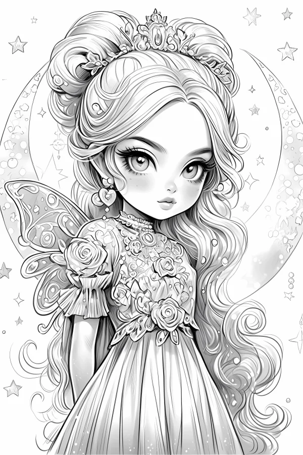 Curly-haired fairy girl with crown and butterfly wings, cartoon fairy tale style — free printable elves coloring book page