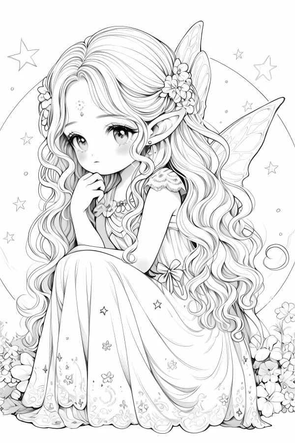 Cute curly-haired elf girl, cartoon fairy tale style — free printable elves coloring book page
