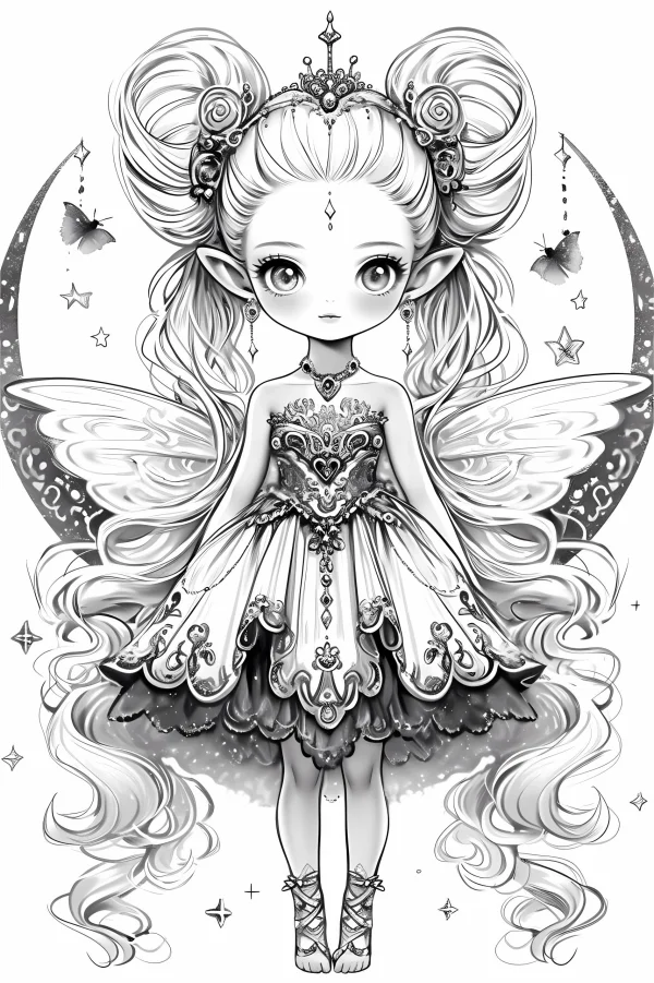 Elegant fairy girl with curly pigtails, wearing baroque style dress and royal crown — free printable elves coloring book page