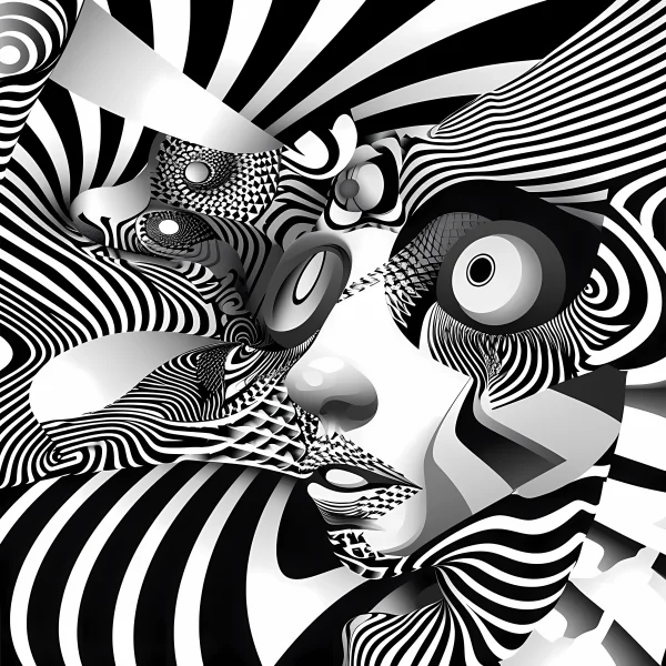 Abstract distorted face with op art striped patterns, surreal abstract style — free printable surreal coloring book page