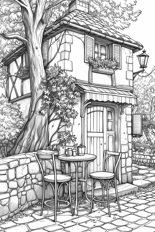 Rustic cottage with outdoor table and chairs, sketch and realistic style — free printable pastoral coloring book page