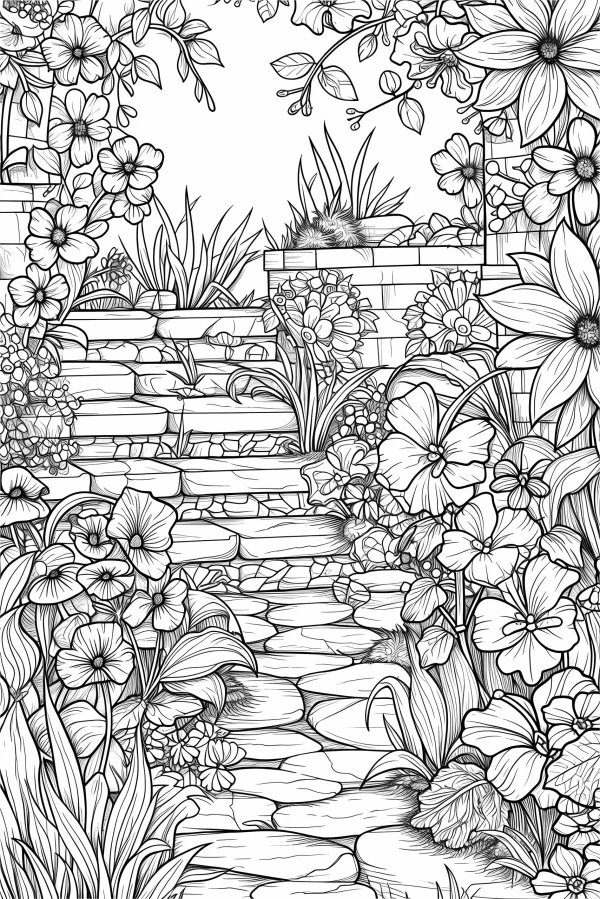 Garden stone path surrounded by various flowers, plants and vines — free printable pastoral coloring book page