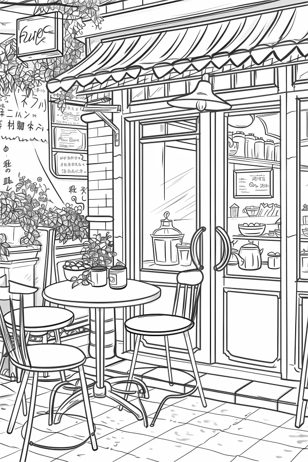 Street corner japanese-style cafe with outdoor seating area, anime illustration style — free printable cafe coloring book page