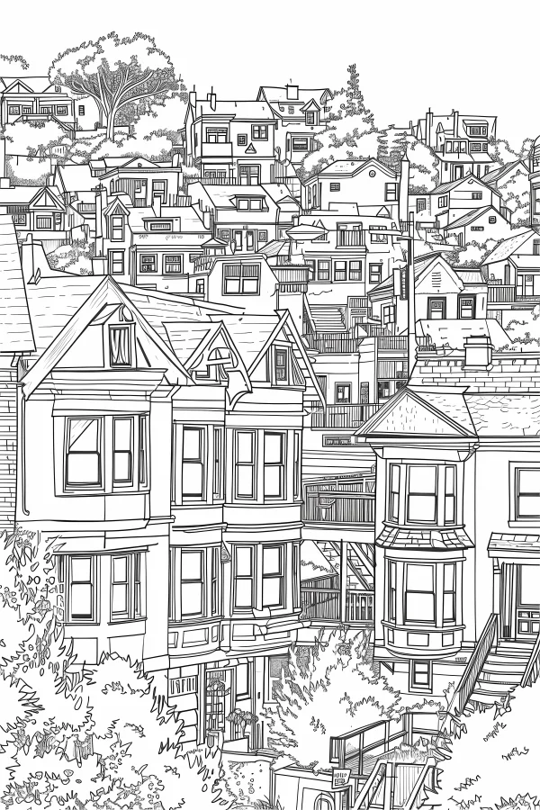 Hillside american residential buildings cluster, realistic line art style — free printable city scenery coloring book page