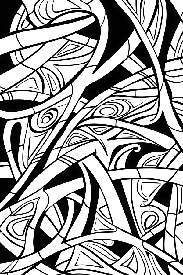 Abstract interwoven geometric and curvilinear patterns, abstract art style — free printable abstract art coloring book page