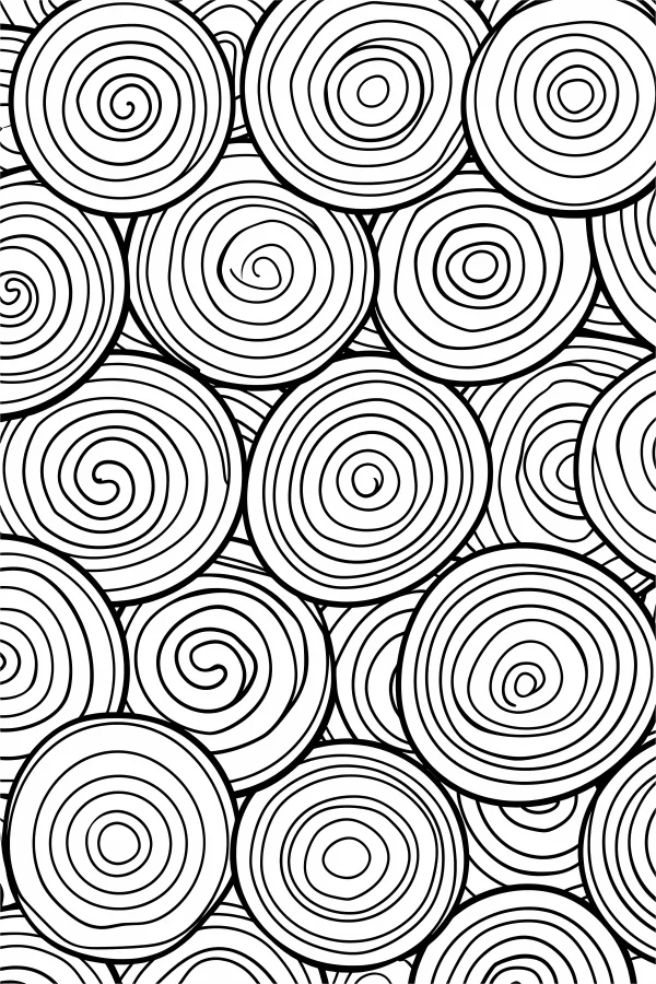 Abstract spiral circle repeated patterns, geometric style — free printable order coloring book page