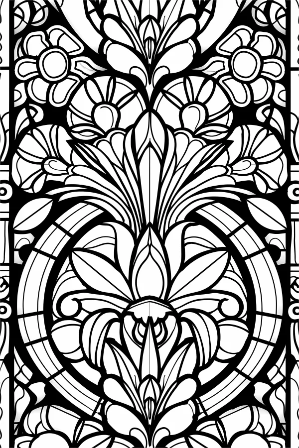 Art nouveau style floral and vine decoration, intricate symmetrical plant patterns — free printable art nouveau coloring book page