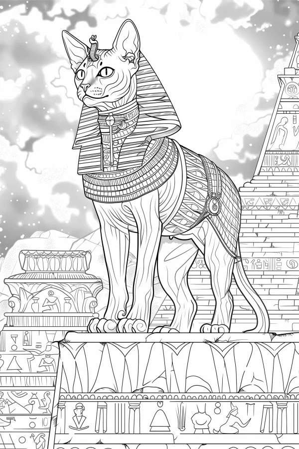 Egyptian cat god (sphynx cat) with pharaoh headdress and snake ornament, ancient egyptian style — free printable egyptian culture coloring book page