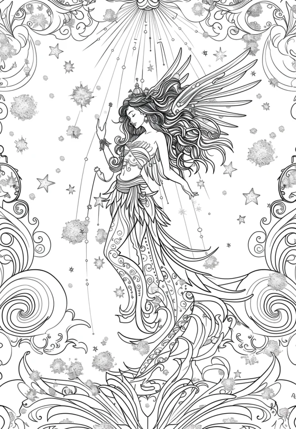 Starry sky fairy with delicate wings, fantasy illustration style — free printable starry sky coloring book page