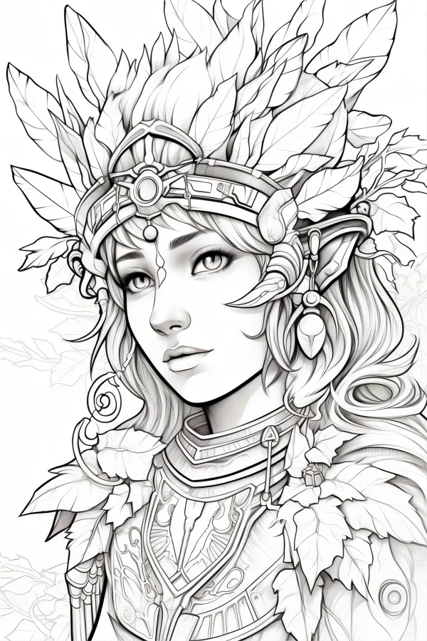 Coloring book page, tribal-style elf girl with leaf crown and tribal armor — free printable indigenous coloring book page
