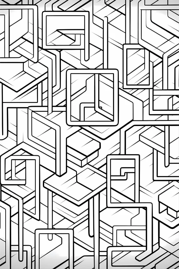 Coloring book page, interlocking 3d geometric line patterns — free printable geometry coloring book page