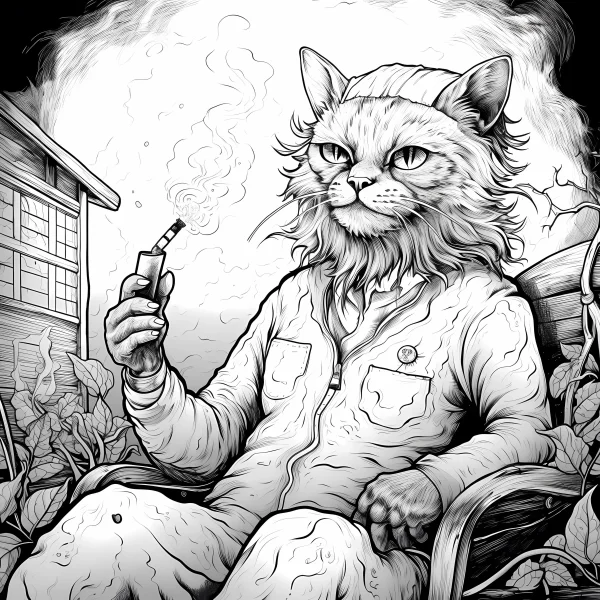 Anthropomorphic cat in pajamas with a knit hat holding an e-cigarette, cartoon style — free printable other life themes coloring book page