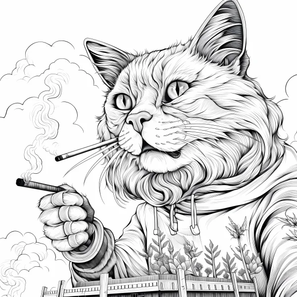 Anthropomorphic smoking cat wearing a hoodie, realistic cartoon style — free printable personification coloring book page