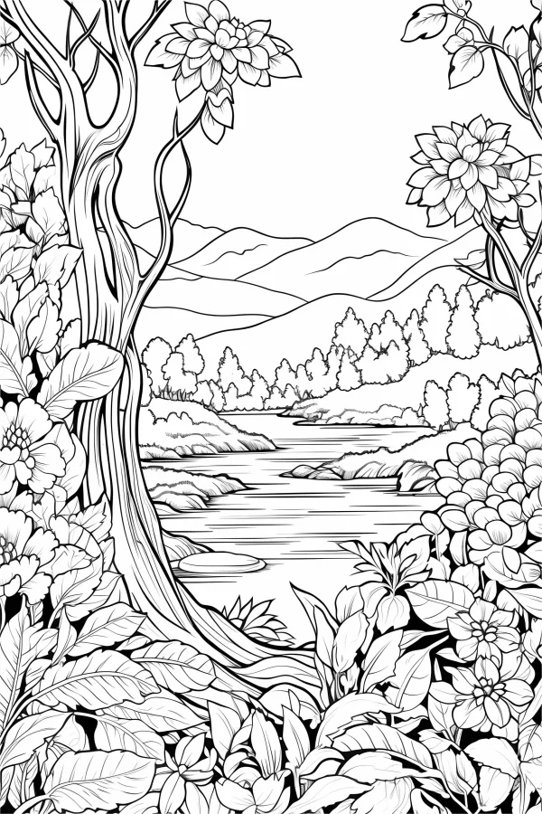 Riverside forest landscape with distant mountains, nature realistic line art style — free printable mountains and rivers coloring book page