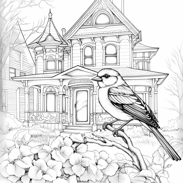Small bird perched on hydrangea branch with a vintage victorian house in the background, realistic retro style — free printable birds coloring book page