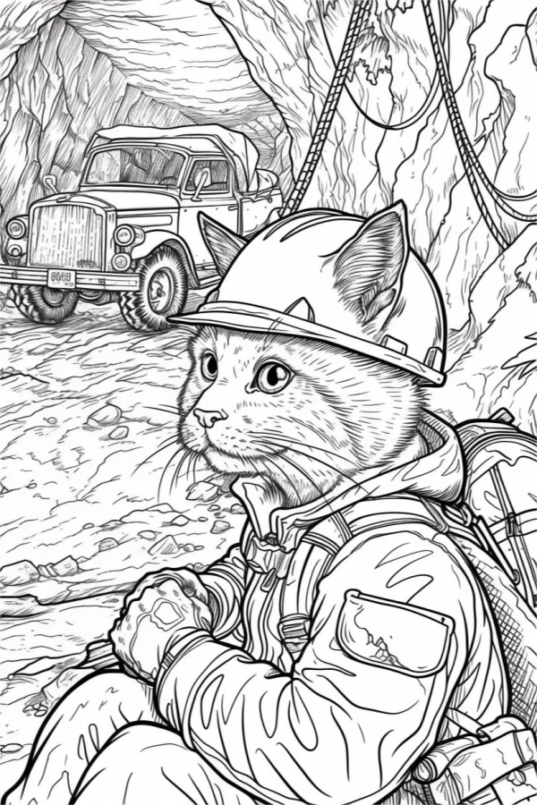 Anthropomorphic miner cat wearing hard hat and work uniform, sitting in a mine cave with a vintage mining truck in the background — free printable work coloring book page